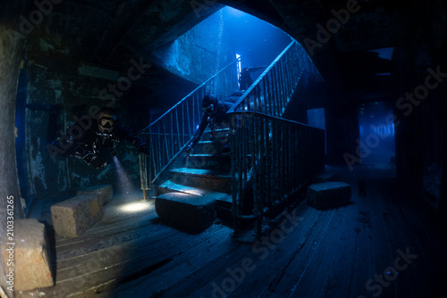 Cuadro en lienzo Interior view of the famous staircase inside the MV Karwela shipwreck near Gozo, Malta