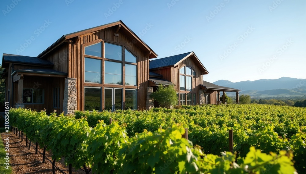 Obraz premium Modern winery building with stone and wood facade sits among green vineyard rows. Sunny day with clear blue sky over rolling hills and mountains.