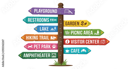 Bild auf Leinwand Directional signpost with colorful arrows pointing to various recreational facil