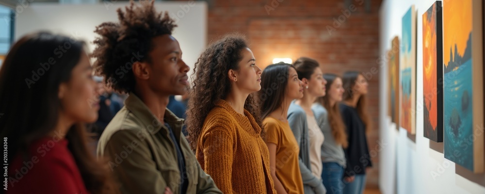 Obraz premium Diverse group of young people look at colorful paintings in modern art gallery hall. Multiethnic friends enjoy creative exhibition during weekend visit. Students observe contemporary canvas
