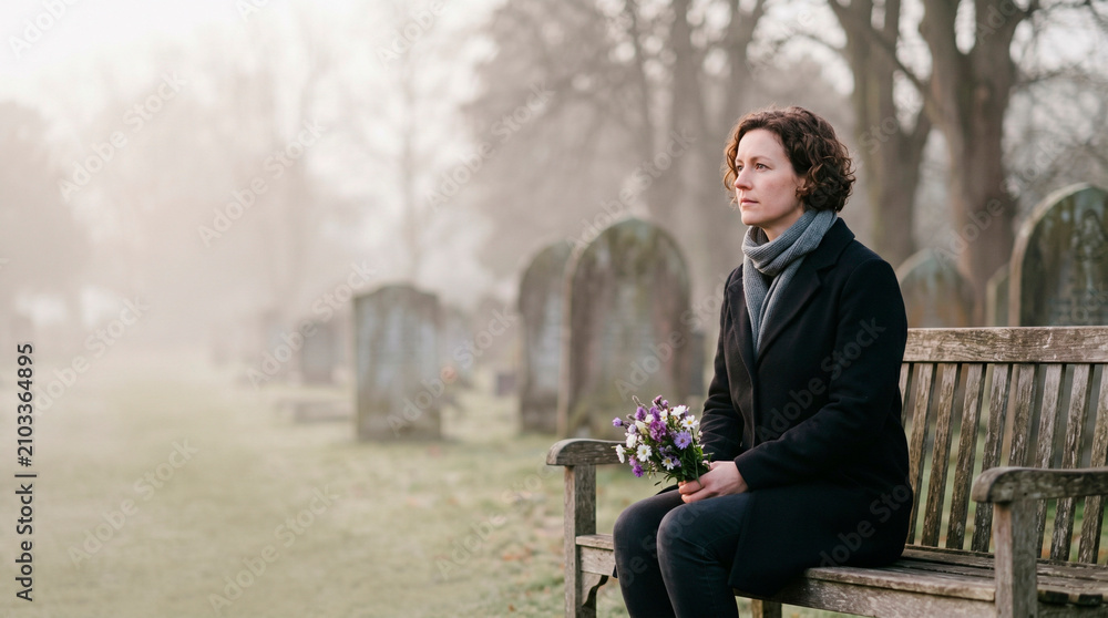 Fototapeta premium Woman sitting on wooden bench in cemetery holding flower bouquet. Mourning person visiting graveyard grave. Grief, loss, sadness, remembrance concept and funeral service theme.