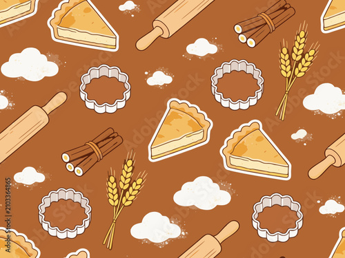 Seamless pattern of baking ingredients and pastry equipment elements