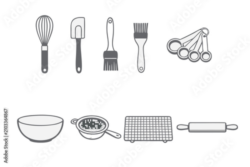 Kitchen utensils and baking tools set for culinary preparation with utensils