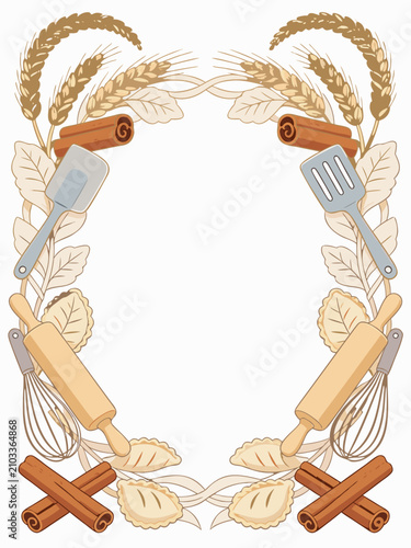 Baking concept decorative frame with kitchen utensils and cinnamon, utensils