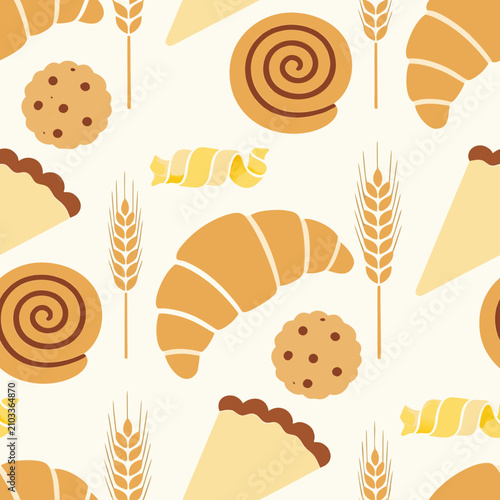 Bakery food pattern with croissants and cookies seamless background, croissant
