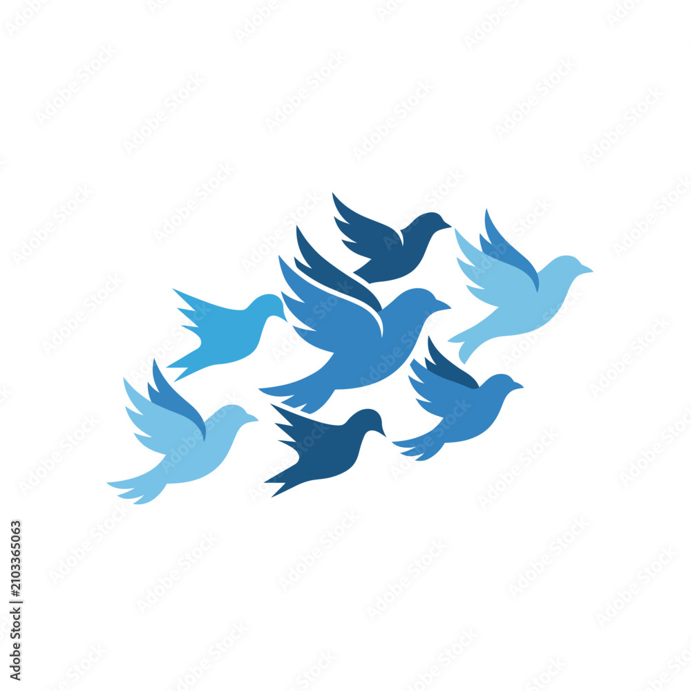 Obraz premium A dynamic array of blue birds in flight, symbolizing freedom and unity, illustrating the essence of nature's beauty. This design reflects movement and connectivity.