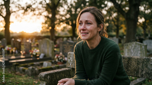 Crying caucasian woman sitting on a bench in a cemetery at sunset. Mourning female visitor grieving at a gravesite. Emotional concept of loss, remembrance, sorrow and funeral visitation.