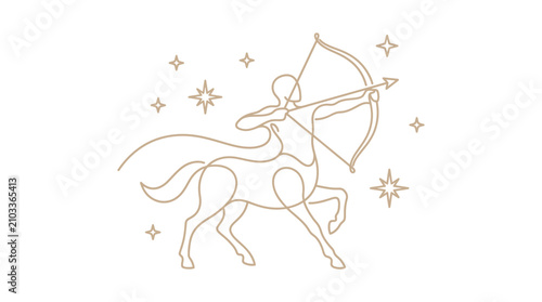 Minimalist gold line art of Sagittarius centaur archer aiming bow and arrow with stars on white background; celestial zodiac symbol vector illustration.