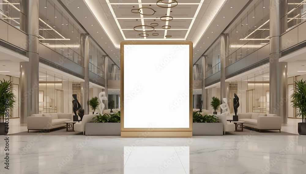 Obraz premium Modern luxurious building interior with a large blank vertical billboard display, perfect for advertising.