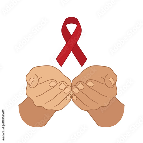 This image features two hands holding a red ribbon, symbolizing awareness and support for health issues, particularly HIV/AIDS advocacy and community solidarity efforts.