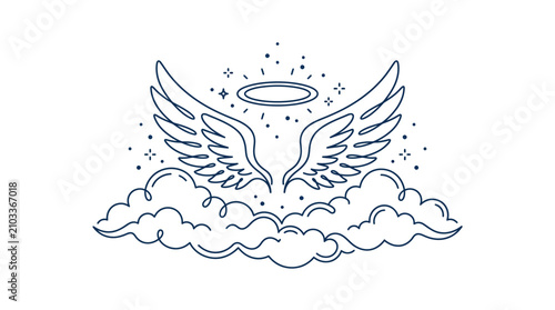 Minimalist blue line art illustration of feathered angel wings with a glowing halo floating above stylized clouds and stars on a plain white background.