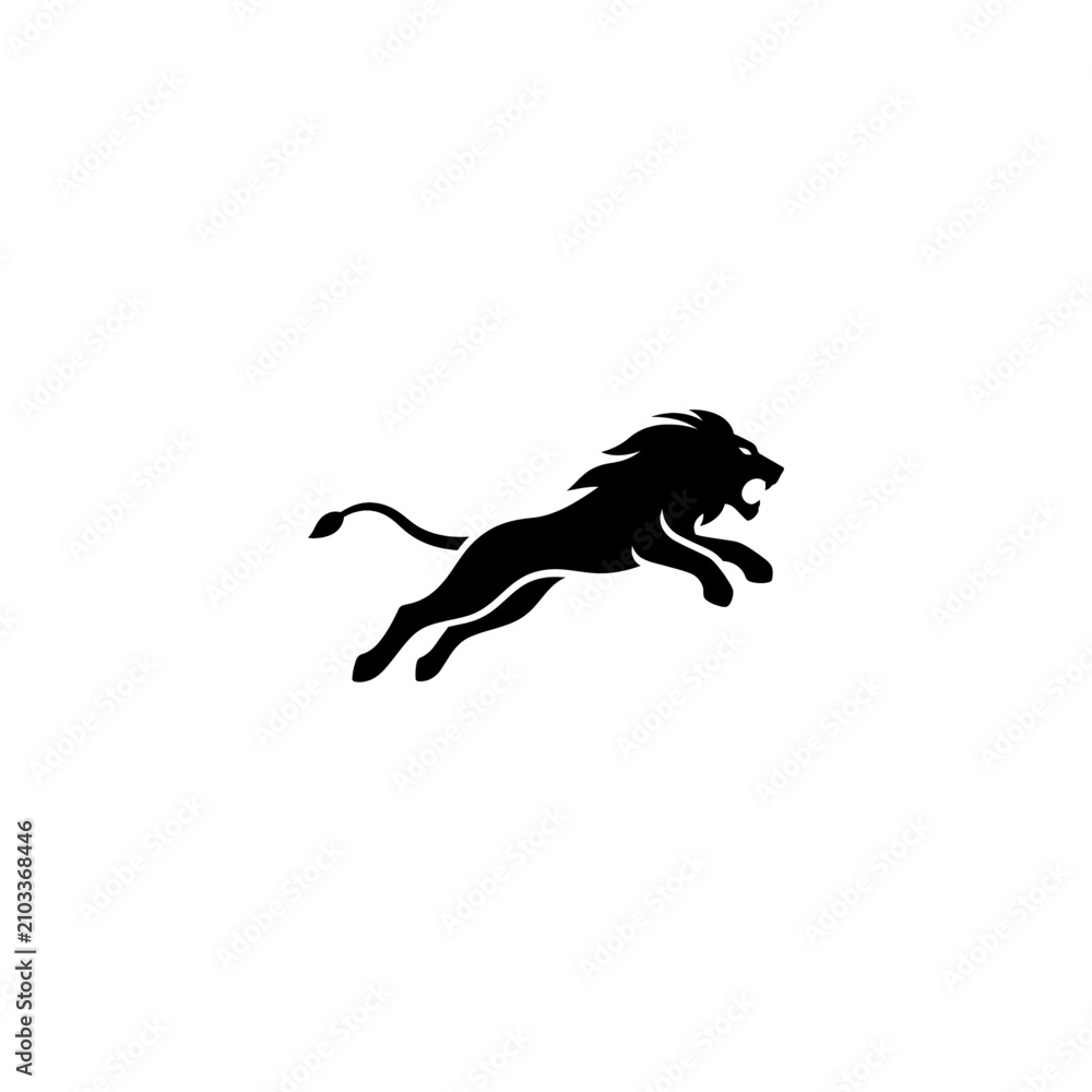 Fototapeta premium Dynamic black silhouette of a leaping lion in aggressive stance with animal kingdom silhouette predator powerful aggressive wildlife strength