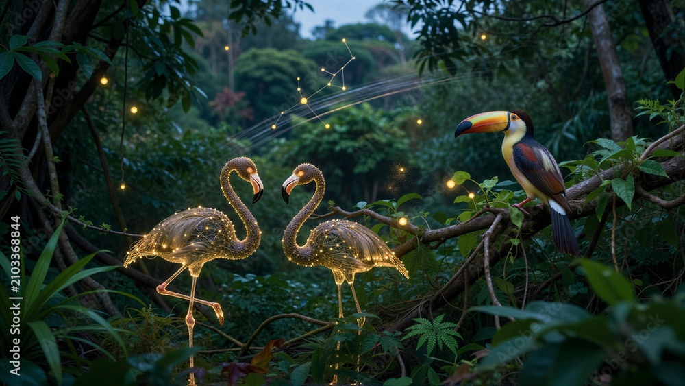 Fototapeta premium Glowing flamingos and a toucan in enchanted jungle with floating lights.