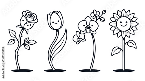 Kawaii Flower Doodles Set Hand Drawn Line Art