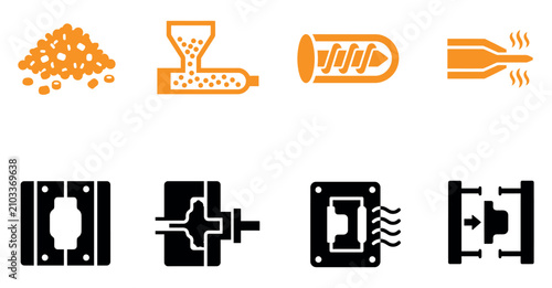 Фотография Set of icons showing the plastic injection molding and extrusion manufacturing process for industrial use Minimal solid fill icon set bundle collection