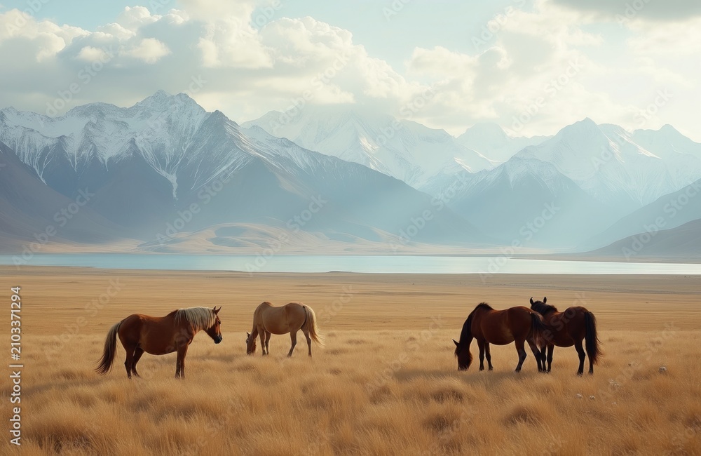 Fototapeta premium Herd of brown horses graze on yellow grass steppe. Snowy mountains rise in distant background under cloudy sky. Lake water sits between pasture, peaks. Animals wander in scenic wild landscape of