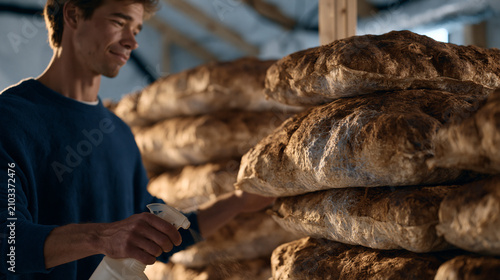 A young man tends rows of mushroom cultivation bags stacked in a climate-controlled grow tent, misting bottle in hand, mycelium threads visible on the substrate, sustainable food