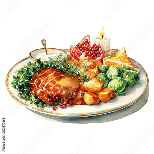 Obraz na plátne Christmas Dinner watercolor vector illustration, high-quality artwork isolated on a pure white background