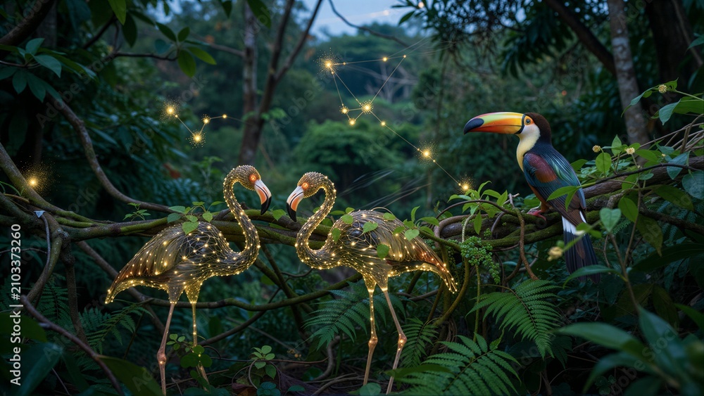 Obraz premium Glowing flamingos and a toucan in enchanted jungle with floating lights.