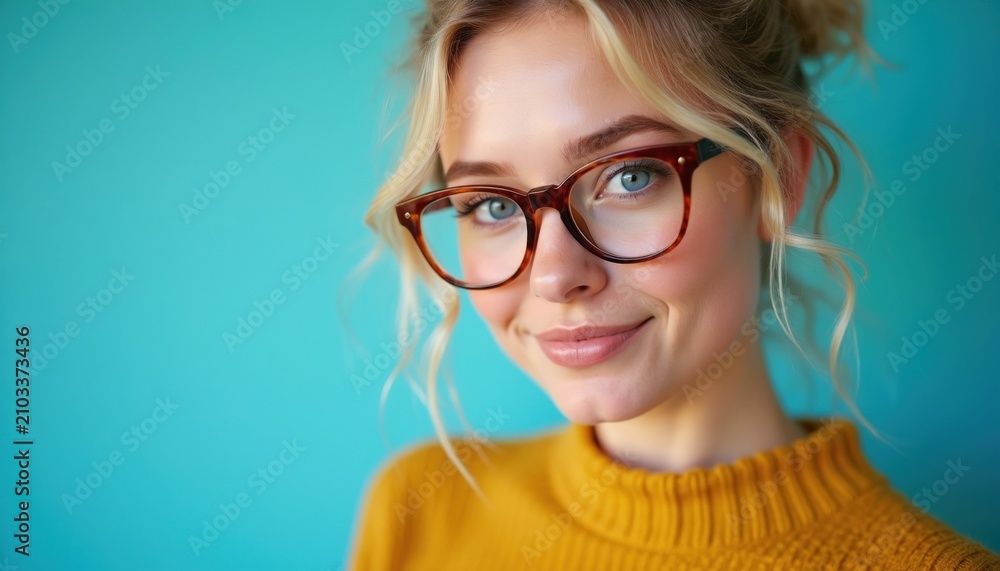 Obraz premium Beautiful young blonde woman wears modern brown eyeglasses, yellow sweater. Portrait of happy girl with natural makeup looks at camera on blue background. Smile face of stylish lady represents
