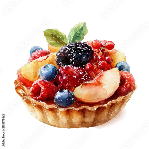Фотография Fruit Tart watercolor artwork, high-quality professional vector illustration isolated on a white background