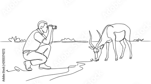 Bild auf Leinwand Photographer observing antelope in a minimalist single line drawing style, wildl