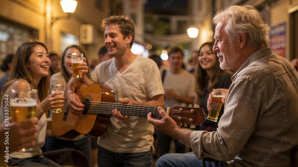 Obraz premium Man plays guitar for smiling women in a lively, warmly lit street bar.