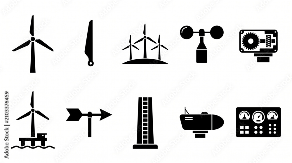 Fototapeta premium Set of wind energy and turbine components icons in black silhouette
