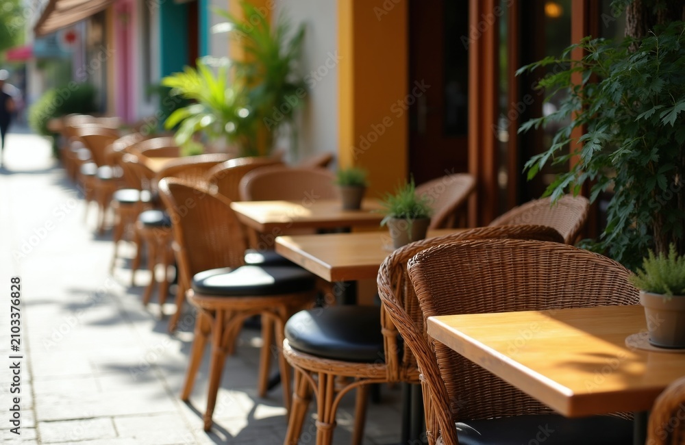 Obraz premium Empty wooden chairs, tables sit on outdoor sidewalk cafe patio. Urban restaurant terrace features woven furniture under warm sunlight during summer day. Modern European eatery provides relaxation