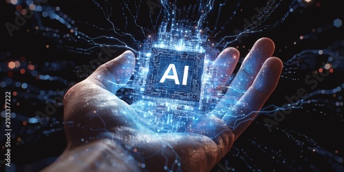 Glowing AI Microchip Resting in Human Hand