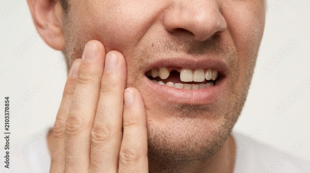 Fototapeta premium Man experiencing a severe toothache with a missing tooth.