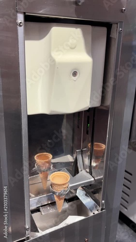 Automatic soft serve ice cream machine dispensing vanilla ice cream into waffle cones in a dessert shop. Close view of commercial equipment preparing frozen dessert for customers