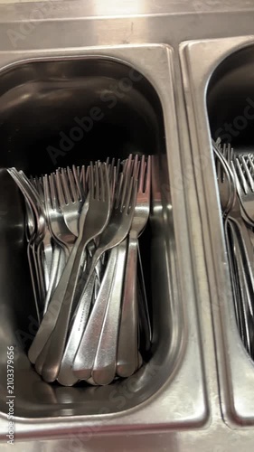 Stainless steel forks and spoons stored in separate cutlery containers at a restaurant self-service station. Close-up of organized metal utensils in a commercial kitchen
