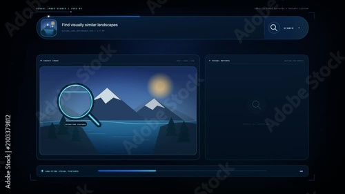 Visual search interface scanning landscape image to find similar results with magnifier