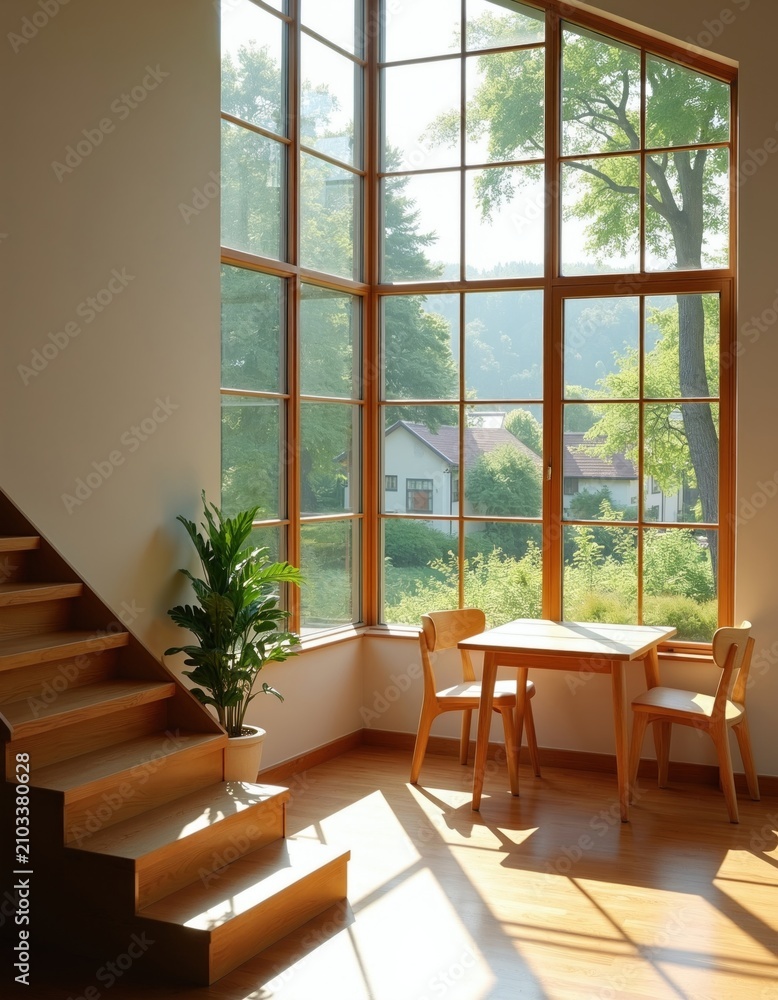 Fototapeta premium Bright room features wooden staircase, small table with two chairs near panoramic window. Large glass pane provides daylight view of green trees, country houses. Minimalist home interior looks cozy,