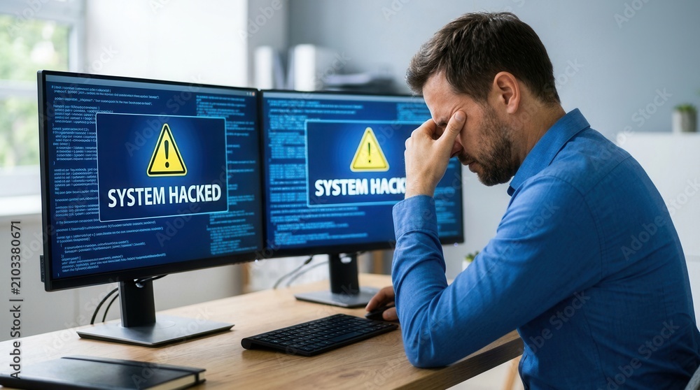 Fototapeta premium A frustrated man experiences a ransomware cyber attack with personal files encrypted on his screens.