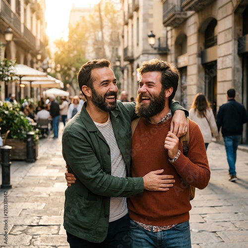 Happy gay couple walking arm in arm on sunny European street, enjoying city life