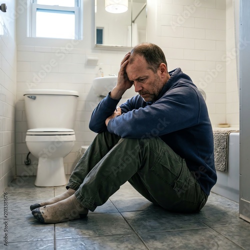 Man sitting alone on bathroom floor, feeling depressed and stressed