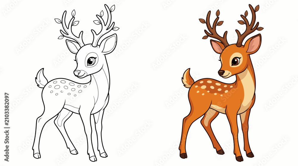 Fototapeta premium A vibrant and playful illustration featuring a cute deer in two styles: an outlined version and a filled-in version, ideal as a playful design for children’s content.