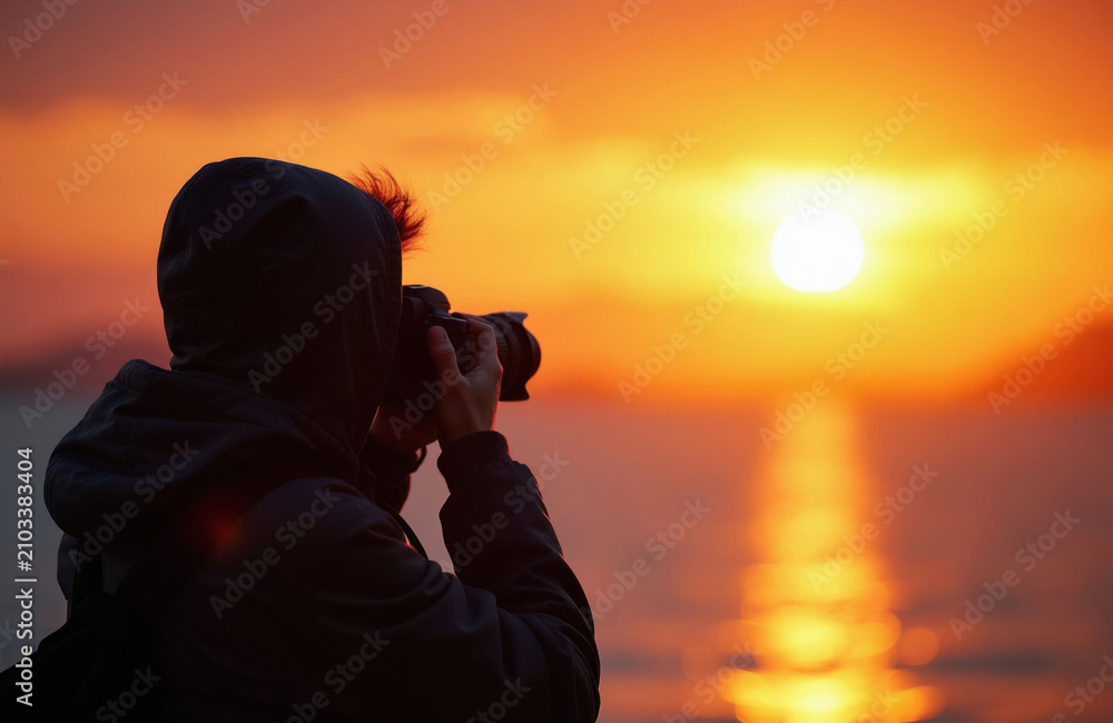 Obraz premium Person with camera films beautiful sunset over water. Silhouette figure holds professional camera, capturing golden hour light on ocean. Photographer seeks perfect shot by sea.