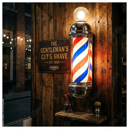 Vintage Barber Pole Light & Sign on Rustic Wood Wall - Gentleman's Cut & Shave