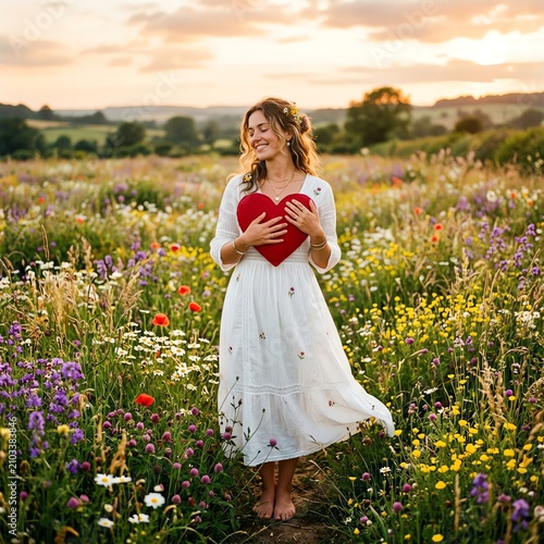 Woman holding red heart in wildflower meadow at sunset, happiness and love