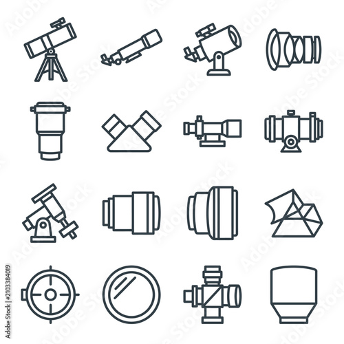 Scientific optical equipment and telescope line icons.