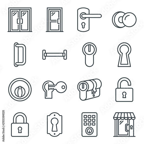 Security door locks and entrance hardware icon set.