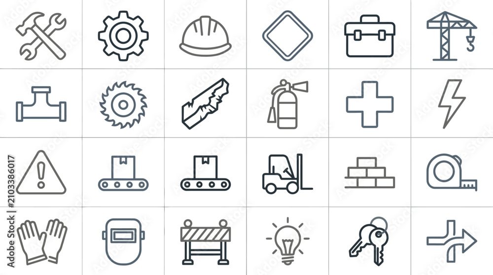 Fototapeta premium Construction and industrial safety line icon set.