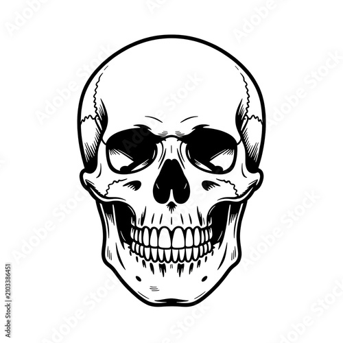 Black and white skull illustration, smiling face