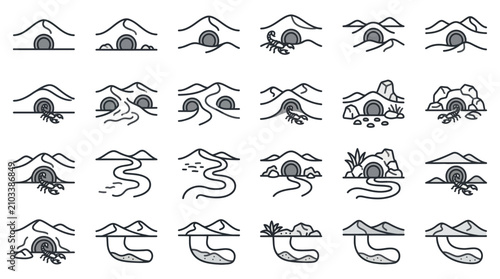 Photos Desert dune and animal burrow outline icons.