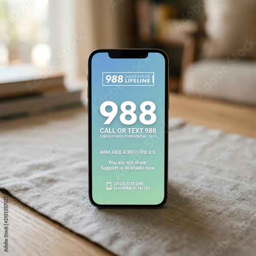 988 Suicide & Crisis Lifeline on Smartphone Screen, Support Available
