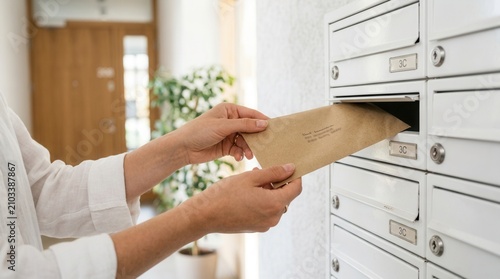Close up of hands inserting a paper envelope into a metal mail slot.
