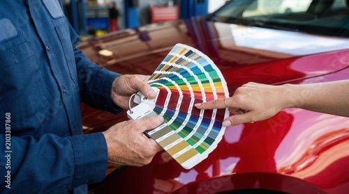 Professional auto painter presenting color swatch cards to a client near a red vehicle.